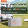 VEVOR deep cycle battery 12v 100ah with agm technology beside an rv in a scenic outdoor campsite.