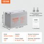 VEVOR deep cycle battery: 100ah, 12v, 61 lbs, 330x172x220 mm. includes fixing screws and user manual.