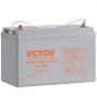 VEVOR deep cycle battery npg12-100ah, gray casing, white handles, orange label text and safety instructions.