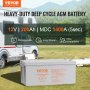 VEVOR 12v 200ah deep cycle battery next to an rv parked on a grassy field with trees and mountains.