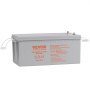 VEVOR 12v 200ah deep cycle battery with orange labeling and gray casing, side view.