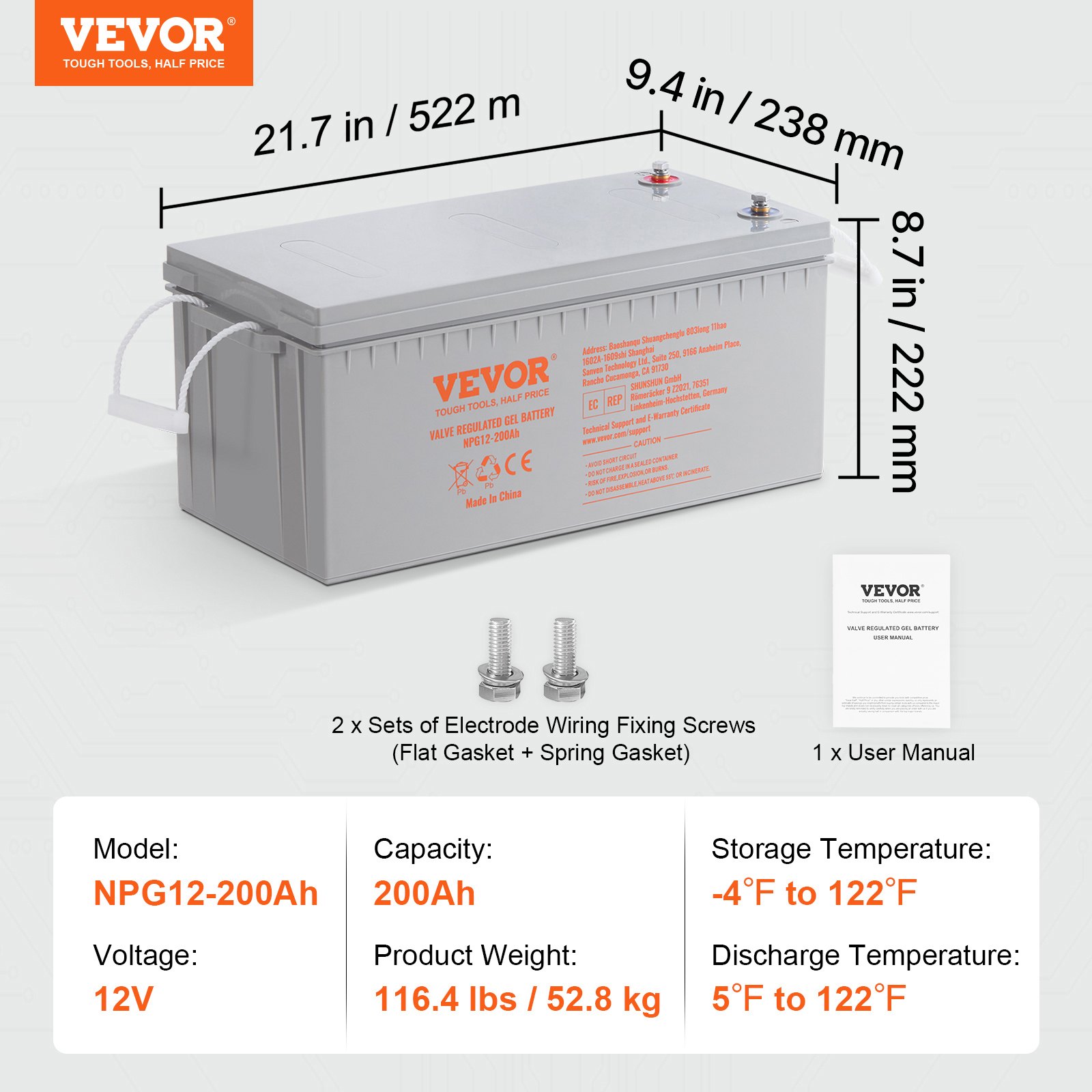 VEVOR Rechargeable AGM Marine Battery, 12V 200 AH, Designed for RV Solar Marine Off-Grid Use, UPS Backup, with a Self-Discharge Rate, 1400A Current