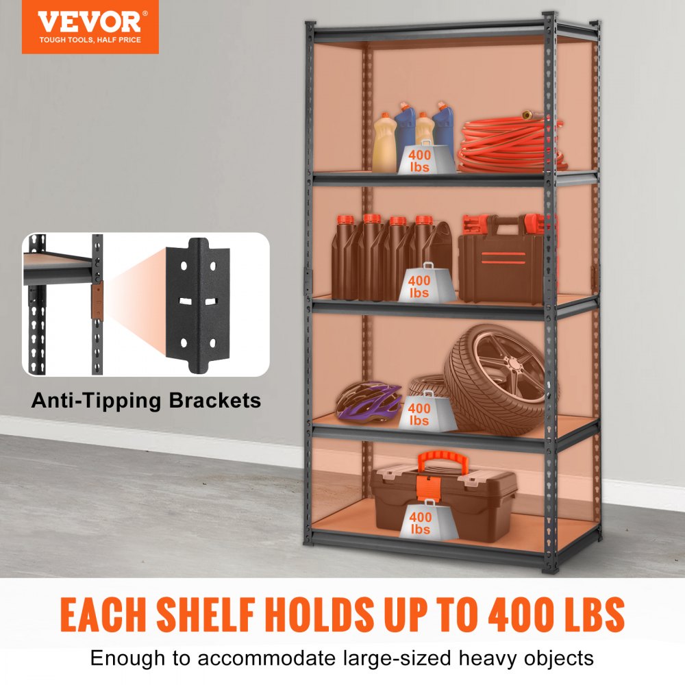 VEVOR Storage Shelving Unit, 5-Tier Adjustable, 2000 lbs Capacity, Heavy Duty Garage Shelves Metal Organizer Utility Rack, Black, 35" L x 18" W x 71" H for Kitchen Pantry Basement Bathroom Laundry