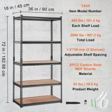 VEVOR Storage Shelving Unit, 5-Tier Adjustable, 907 kg Capacity, Heavy Duty Garage Shelves Metal Organizer Utility Rack, Black, 90L x 45W x 183H cm for Kitchen Pantry Basement Bathroom Laundry Closet