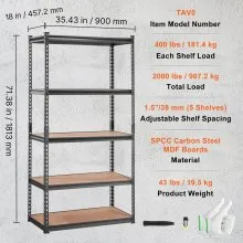 VEVOR Storage Shelving Unit, 5-Tier Adjustable, 2000 lbs Capacity, Heavy Duty Garage Shelves Metal Organizer Utility Rack, Black, 36" L x 18" W x 72" H for Kitchen Pantry Basement Bathroom Laundry