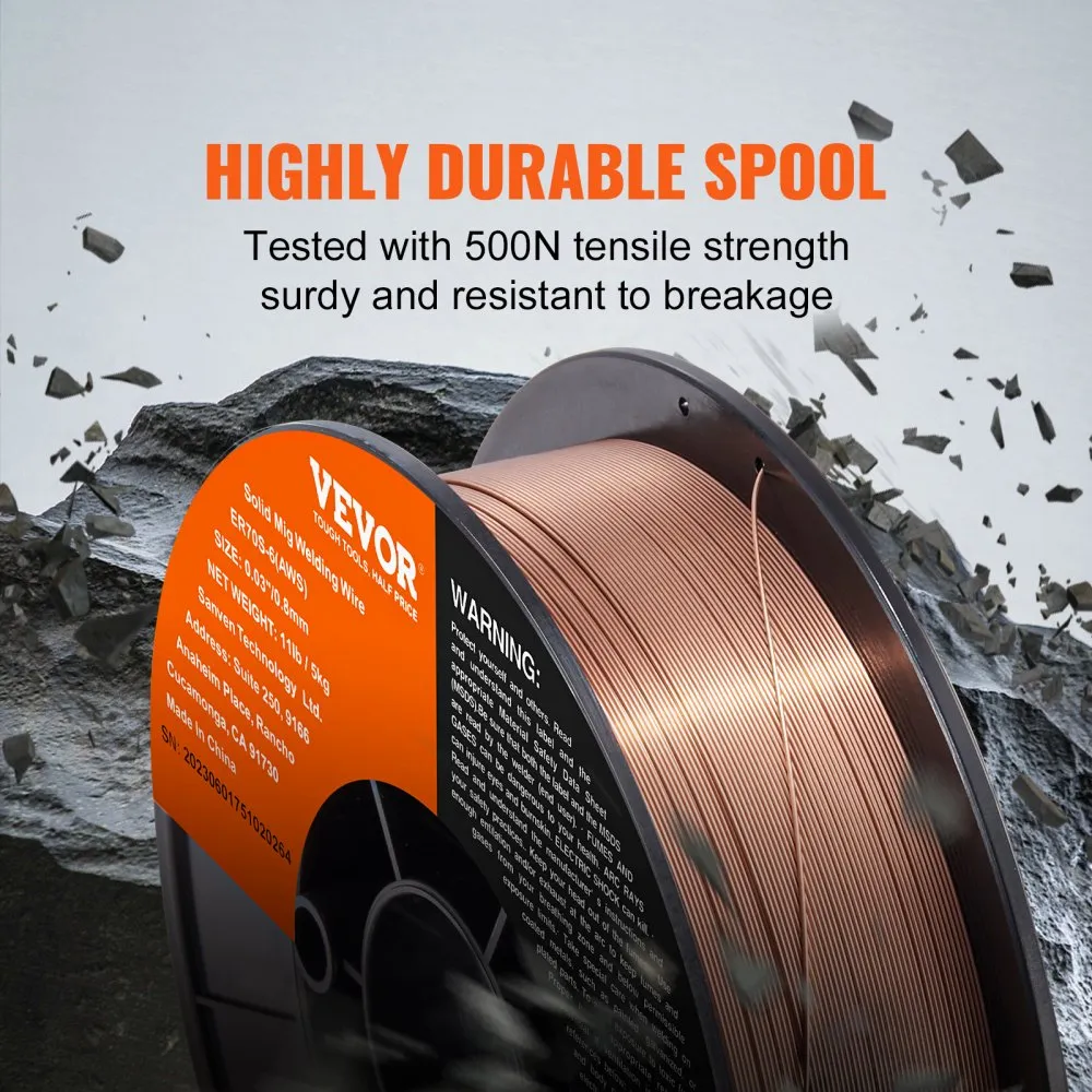 VEVOR mig welding wire spool with 500n tensile strength, sturdy and resistant to breakage.