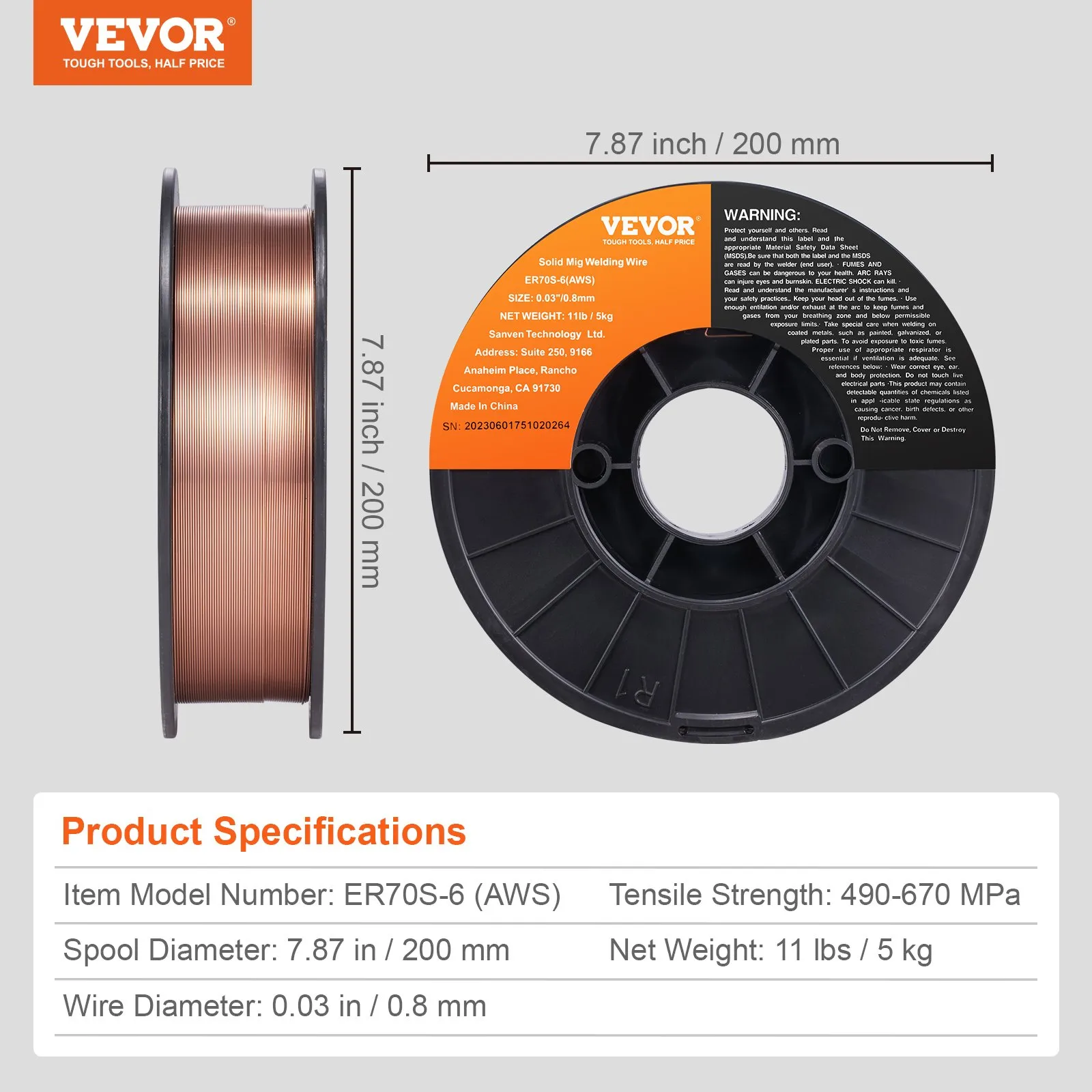 VEVOR mig welding wire spool, 7.87 inch diameter, 0.03 inch wire, 11 lbs weight, er70s-6, tensile 490-670 mpa.