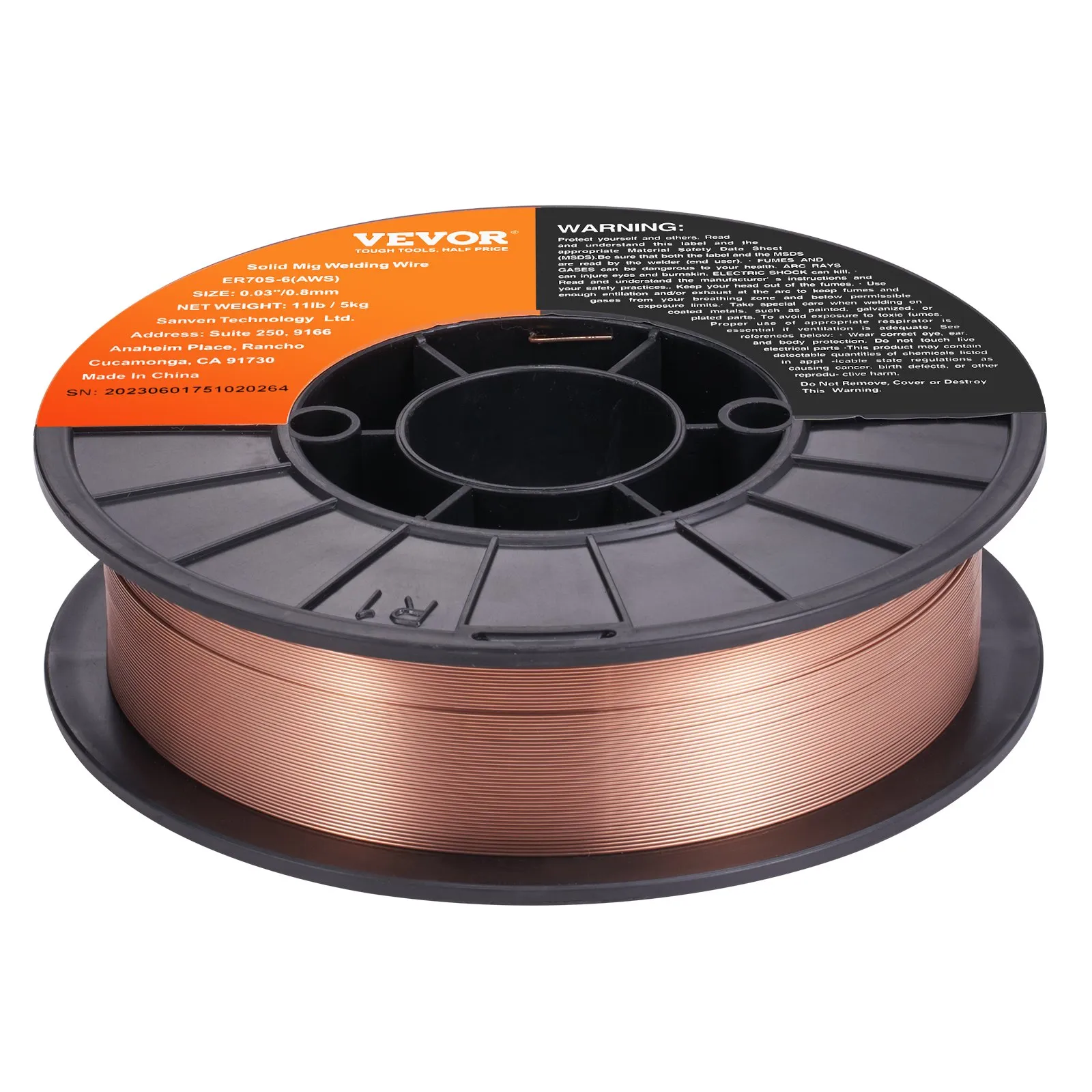 VEVOR mig welding wire spool with copper-coated wire, orange label, and black spool base.