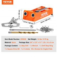 VEVOR Pocket Hole Jig, 56 Pcs Mini Jig Pocket Hole System with 9" C-clamp, Step Drill, Wrench, Square Drive Bit, Drill Stop Ring, and Screws, for DIY Carpentry Projects