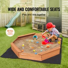 VEVOR Wooden Sandbox with Cover, 75.6 x 75.6 x 9.1 in Octagonal Sand Box, Sand Pit with 4 Seating and Bottom Liner, Kids Sandbox for Outdoor Backyard, Beach, Park, Gift for Boys Girls Ages 3-12