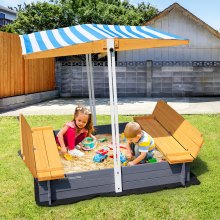 VEVOR Wooden Sandbox with Canopy, 57.3 x 47.2 x 47.2 in Sand Box, Sand Pit with Foldable Bench Seats and Bottom Liner, Natural Wood Kids Sandbox for Outdoor Backyard, Beach, Park, Gift for Ages 3-12