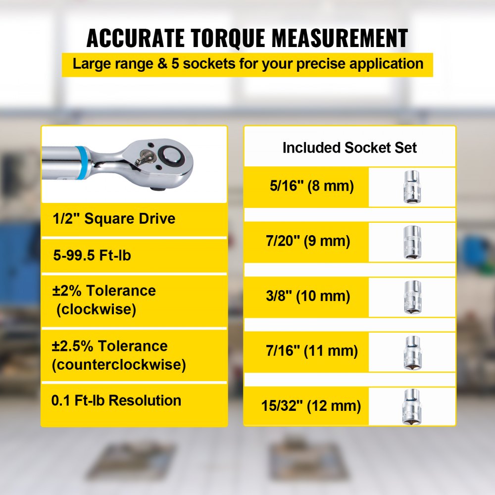 VEVOR Digital Torque Wrench, 1/2" Drive Electronic Torque Wrench, Torque Wrench Kit 5-99.5 ft-lbs Torque Range Accurate to ±2%, Adjustable Torque Wrench with LED Display and Buzzer, Socket Set & Case