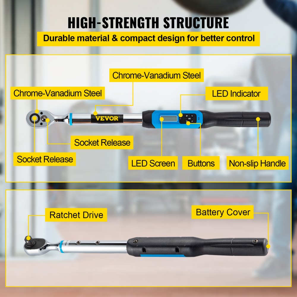 VEVOR Digital Torque Wrench, 1/2" Drive Electronic Torque Wrench, Torque Wrench Kit 5-99.5 ft-lbs Torque Range Accurate to ±2%, Adjustable Torque Wrench with LED Display and Buzzer, Socket Set & Case