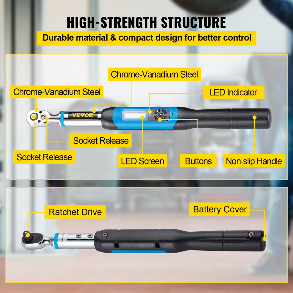 VEVOR digital torque wrench with led screen, chrome-vanadium steel, and non-slip handle.