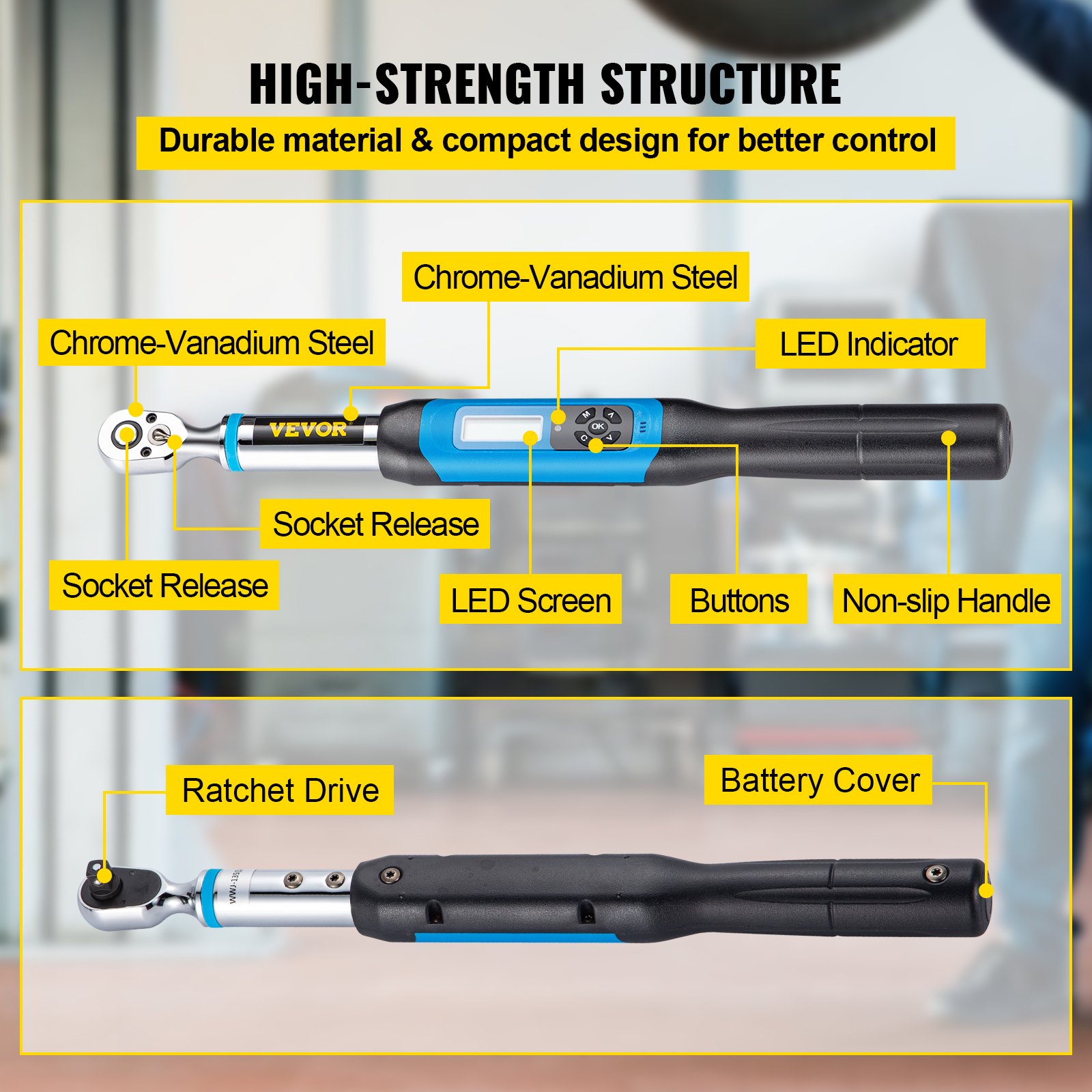 VEVOR digital torque wrench with led screen, chrome-vanadium steel, and non-slip handle.