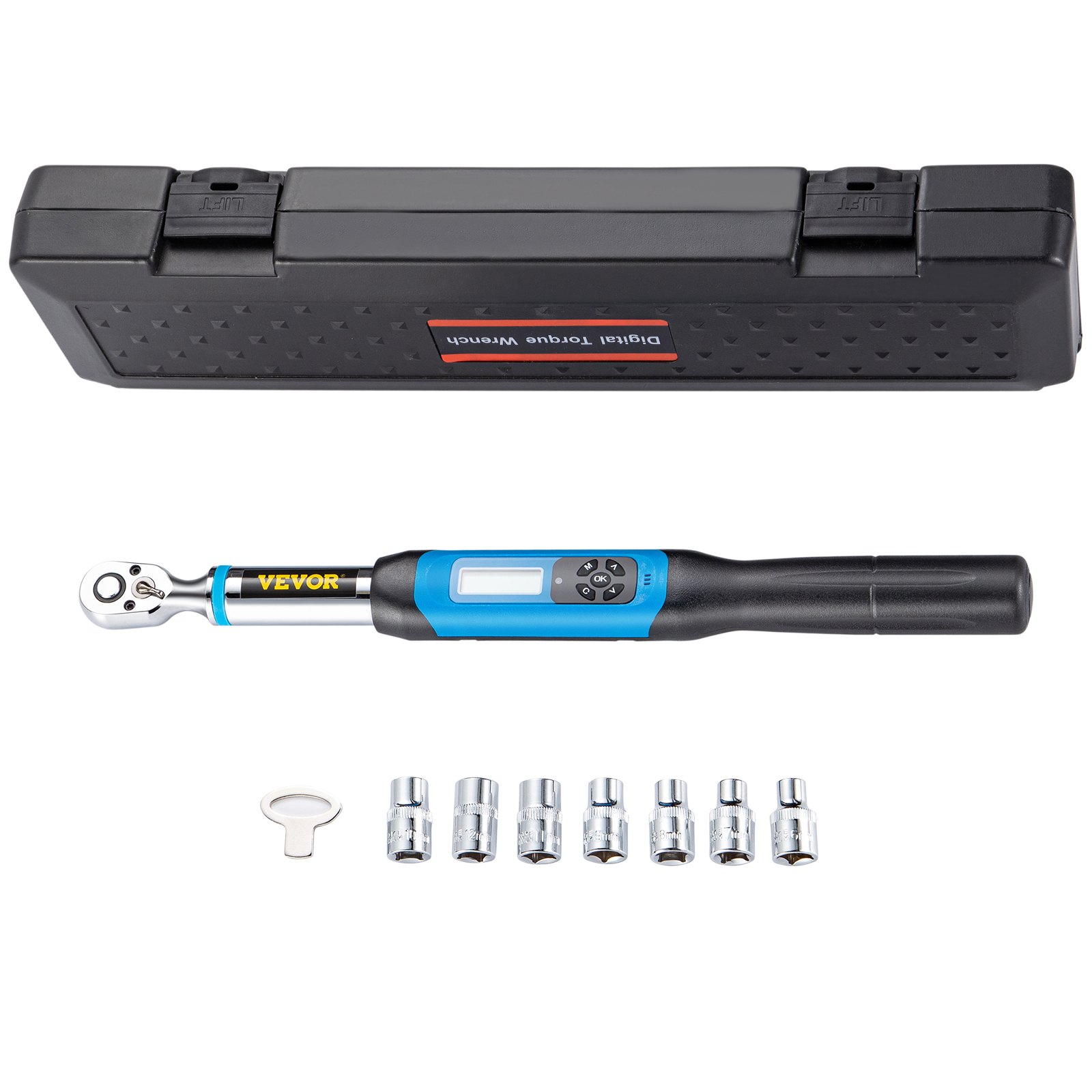 VEVOR digital torque wrench with case and socket set, showcasing lcd display and buttons.