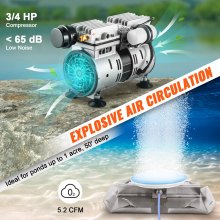 VEVOR Pond Aerator, 550W Power, 5.2CFM for Up to 1 Acre 50' Lake, Pond Aeration Kit Includes 3/4 HP Compressor & 100' Weighted Tubing & Diffuser, Air Compressor for Deep Water Oxygen Circulation