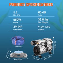 VEVOR Pond Aerator, 550W Power, 5.2CFM for Up to 1 Acre 50' Lake, Pond Aeration Kit Includes 3/4 HP Compressor & 100' Weighted Tubing & Diffuser, Air Compressor for Deep Water Oxygen Circulation