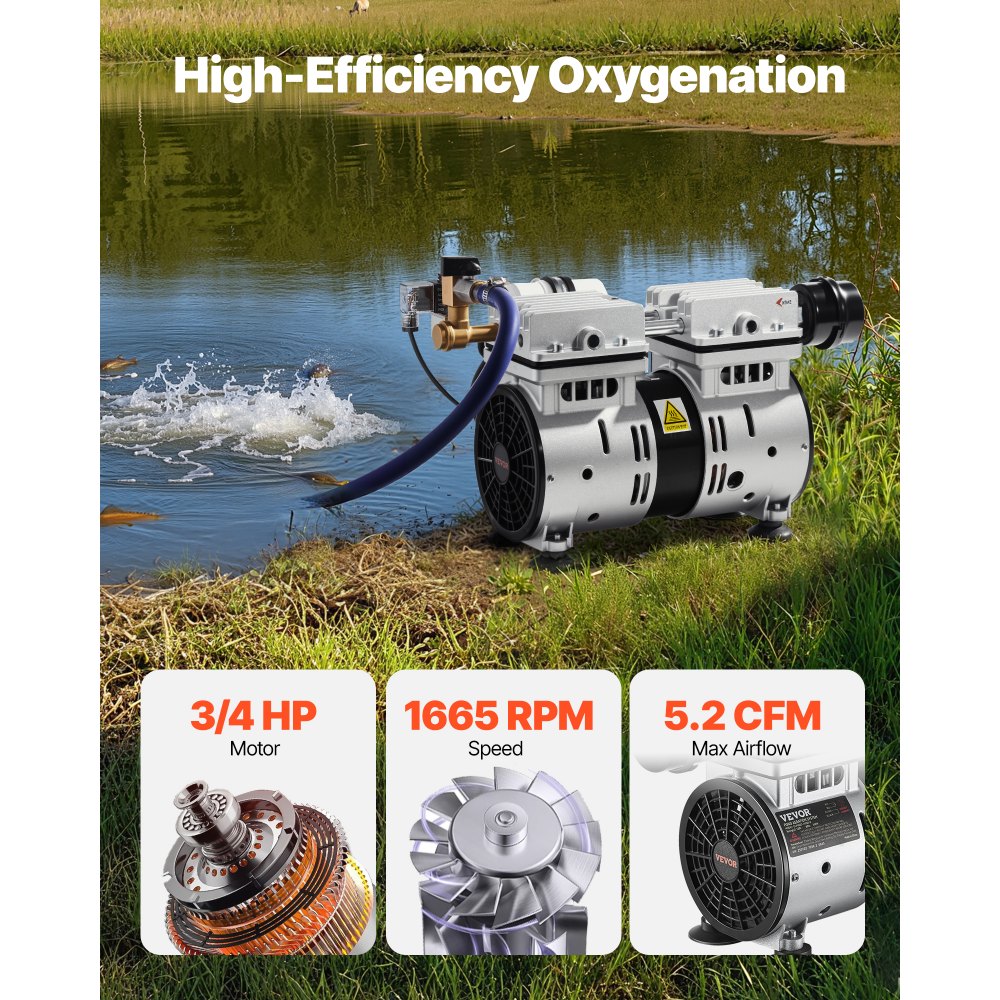 VEVOR Pond Aerator, 550W Power, 5.2CFM for Up to 3 Acre 50' Lake, Pond Aeration Kit Includes 3/4 HP Compressor & Timer & Valves, Air Compressor for Deep Water Oxygen Circulation, for Pond, Lake