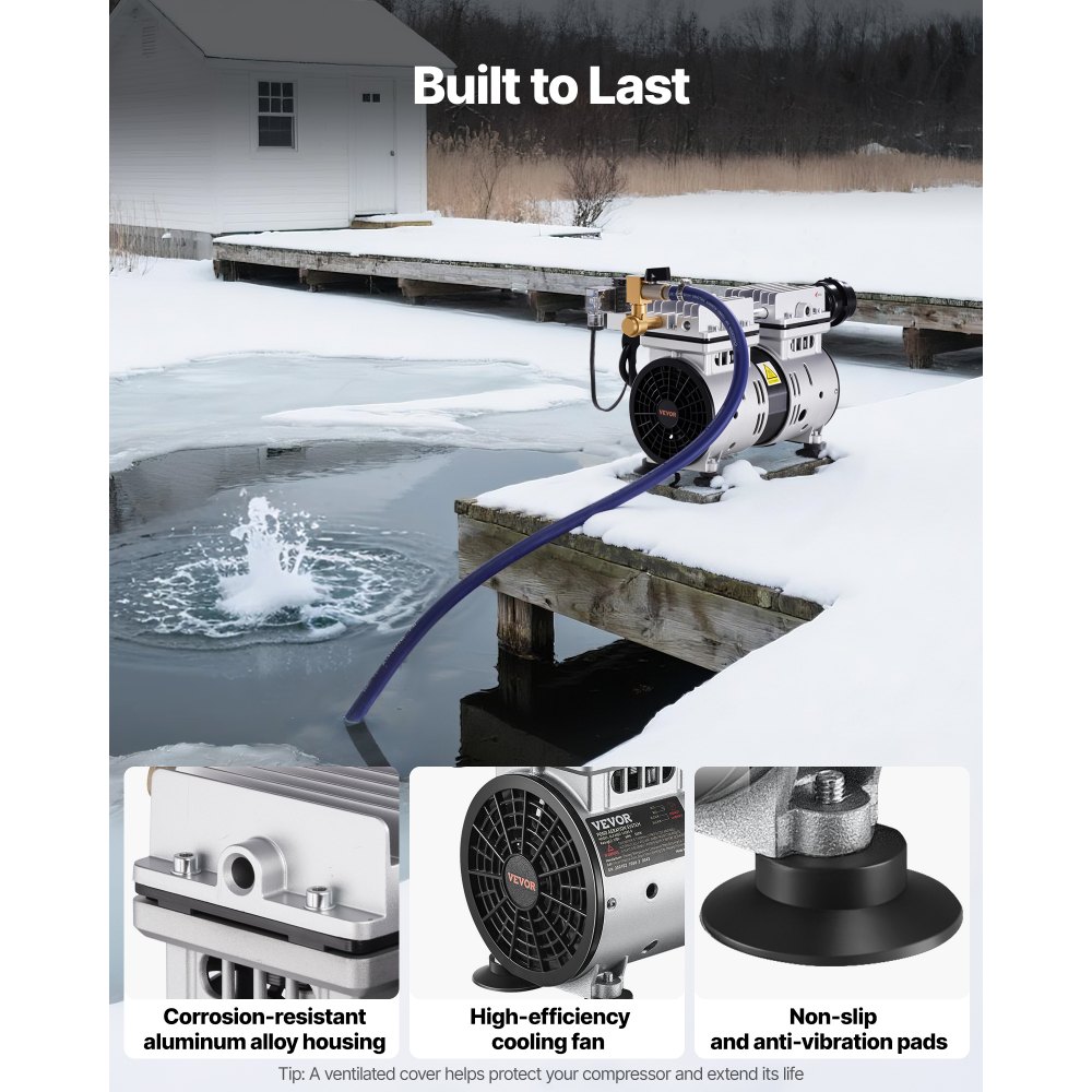 VEVOR Pond Aerator, 550W Power, 5.2CFM for Up to 3 Acre 50' Lake, Pond Aeration Kit Includes 3/4 HP Compressor & Timer & Valves, Air Compressor for Deep Water Oxygen Circulation, for Pond, Lake