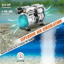 VEVOR Aerator, 550W Power 5.2CFM for Up to 3 Acre 50' Includes 3/4 HP Compressor & Timer & Valves, Air Compressor for Deep Water Oxygen Circulation, for Pond, Lake, No Diffuser, Black