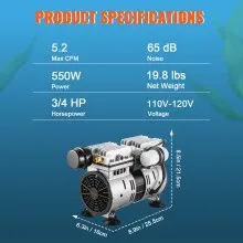 VEVOR Aerator, 550W Power 5.2CFM for Up to 3 Acre 50' Includes 3/4 HP Compressor & Timer & Valves, Air Compressor for Deep Water Oxygen Circulation, for Pond, Lake, No Diffuser, Black