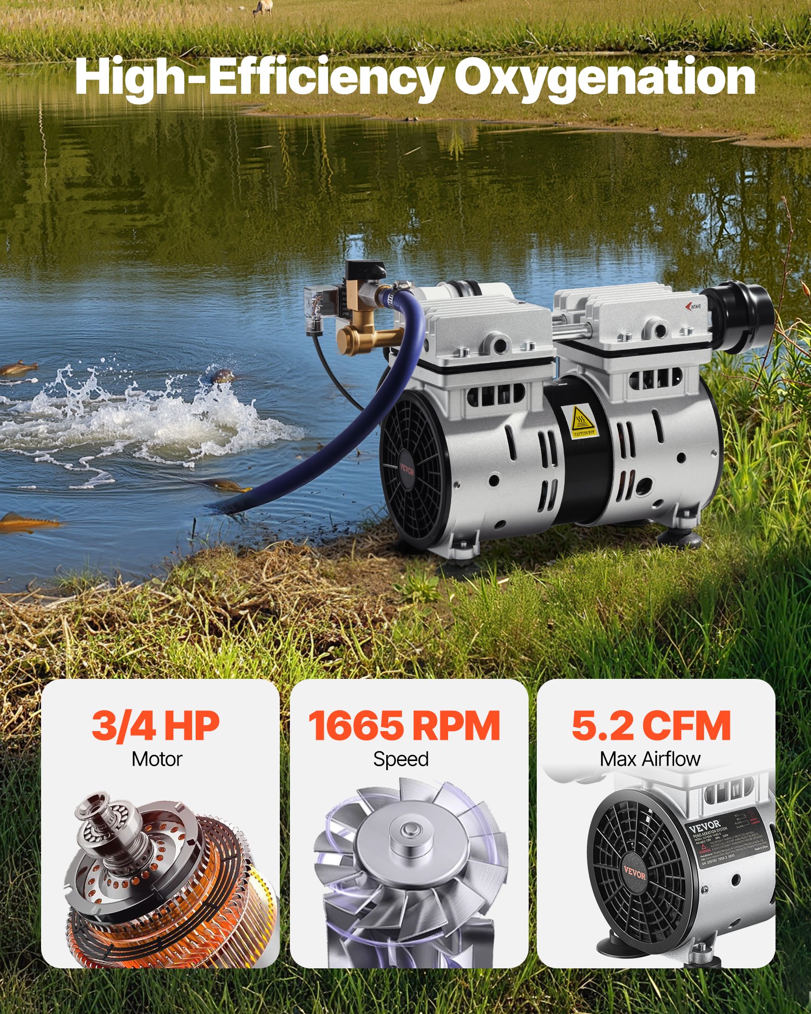 VEVOR Pond Aerator, 550W Power, 5.2CFM for Up to 3 Acre 50' Lake, Pond Aeration Kit Includes 3/4 HP Compressor & Timer & Valves, Air Compressor for Deep Water Oxygen Circulation, for Pond, Lake