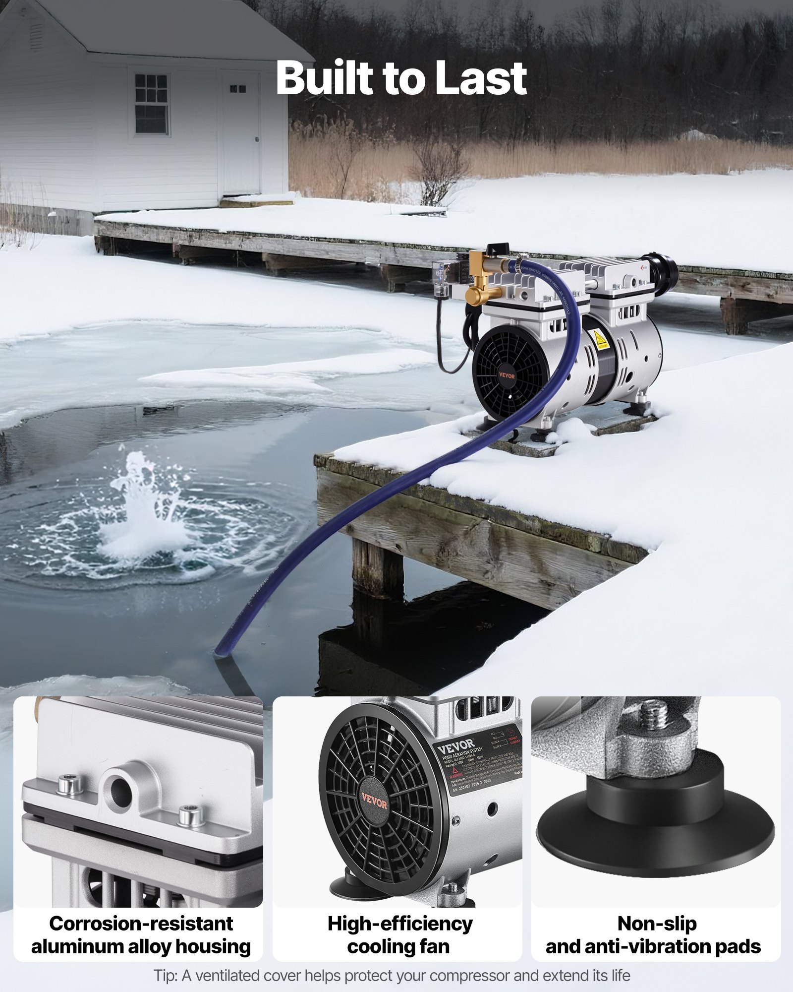 VEVOR Pond Aerator, 550W Power, 5.2CFM for Up to 3 Acre 50' Lake, Pond Aeration Kit Includes 3/4 HP Compressor & Timer & Valves, Air Compressor for Deep Water Oxygen Circulation, for Pond, Lake