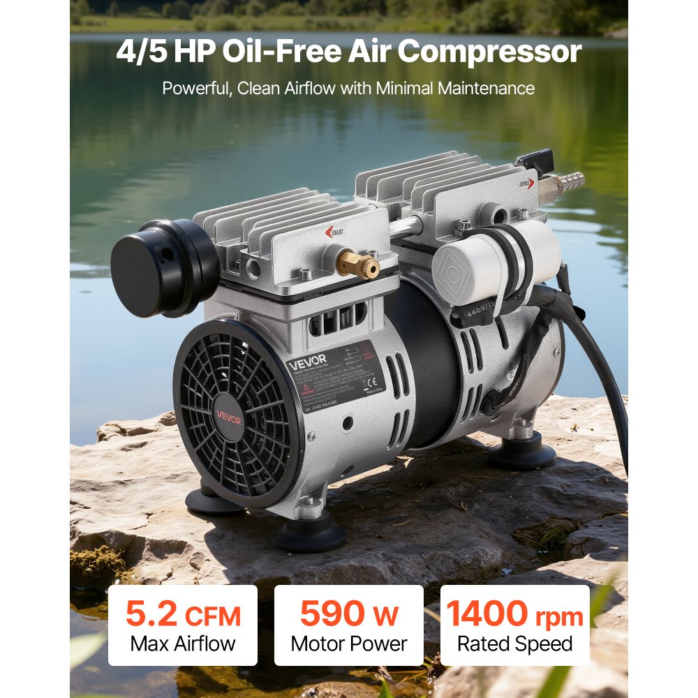 VEVOR Pond Aerator, 5.2CFM 4/5HP Air Compressor, Lake Aerator for Ponds up to 3 Acres, Overheat Protection & Anti-Backflow Valve, 590W Powerful Motor, Pond Aeration Pump for Water Oxygen Circulation