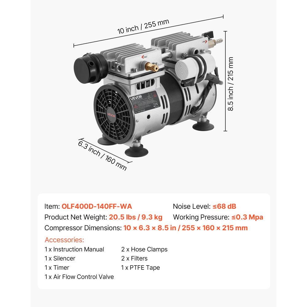 VEVOR Pond Aerator, 5.2CFM 4/5HP Air Compressor, Lake Aerator for Ponds up to 3 Acres, Overheat Protection & Anti-Backflow Valve, 590W Powerful Motor, Pond Aeration Pump for Water Oxygen Circulation