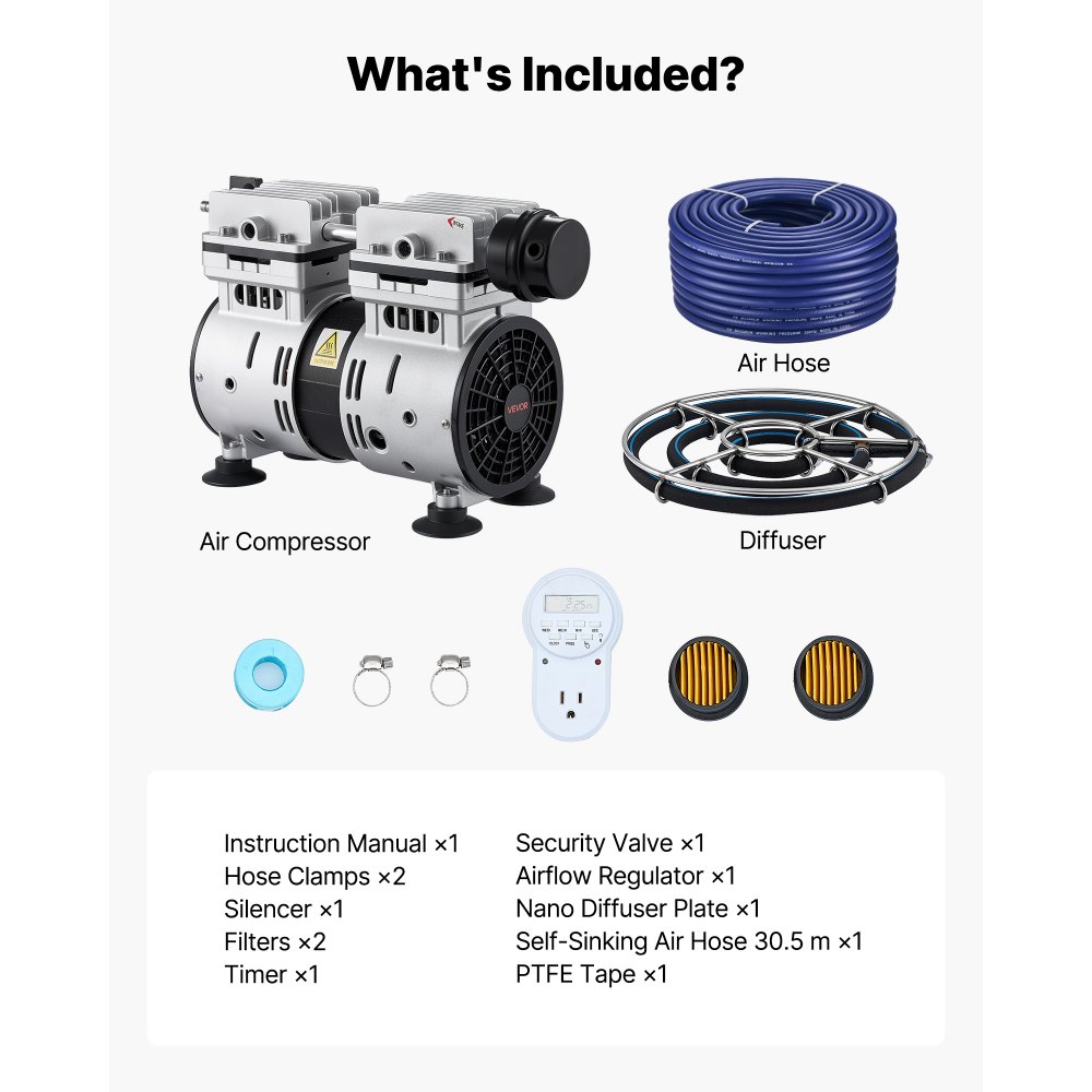 VEVOR Pond Aerators, 5.2CFM Aeration System for Lake up to 3 Acres, 3/4 HP Air Compressor, 1 Diffuser & 100' Weighted Tubings, Aeration Pump for Outdoor Ponds & Lakes Deep Water Oxygen Circulation