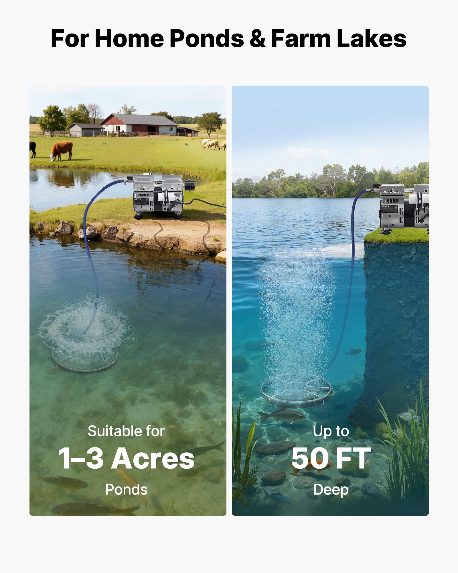 VEVOR Pond Aerators, 5.2CFM Aeration System for Lakes up to 3 Acres, 4/5 HP Air Compressor, 1 Diffuser & 30.5 m Weighted Tubing, Outdoor Pond Aeration Pump for Deep Water Oxygen Circulation