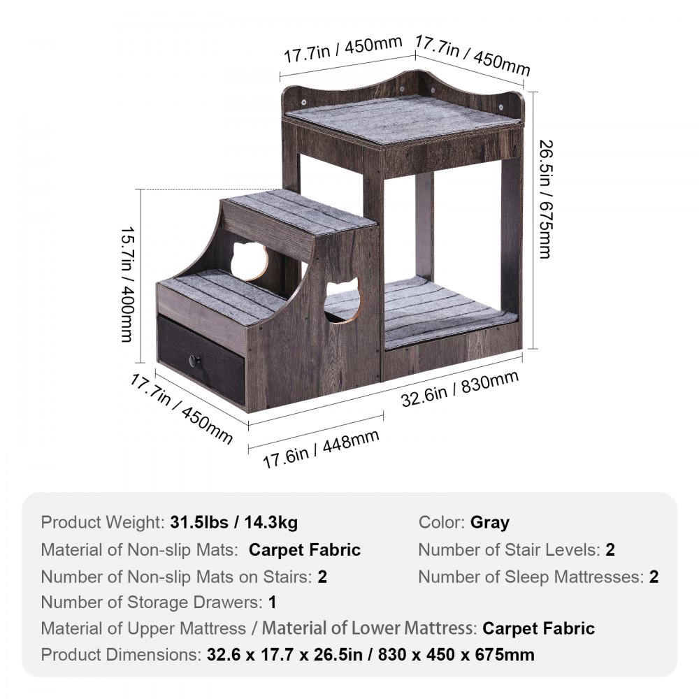 VEVOR Pet Bunk Bed with Removable Stairs, Dog/Cat Window Perch with Storage, Multi-Level Bed Window Perch Dog Bedside Sleeper Couch, Small Pet Seat Platform, Indoor Use (Gray)