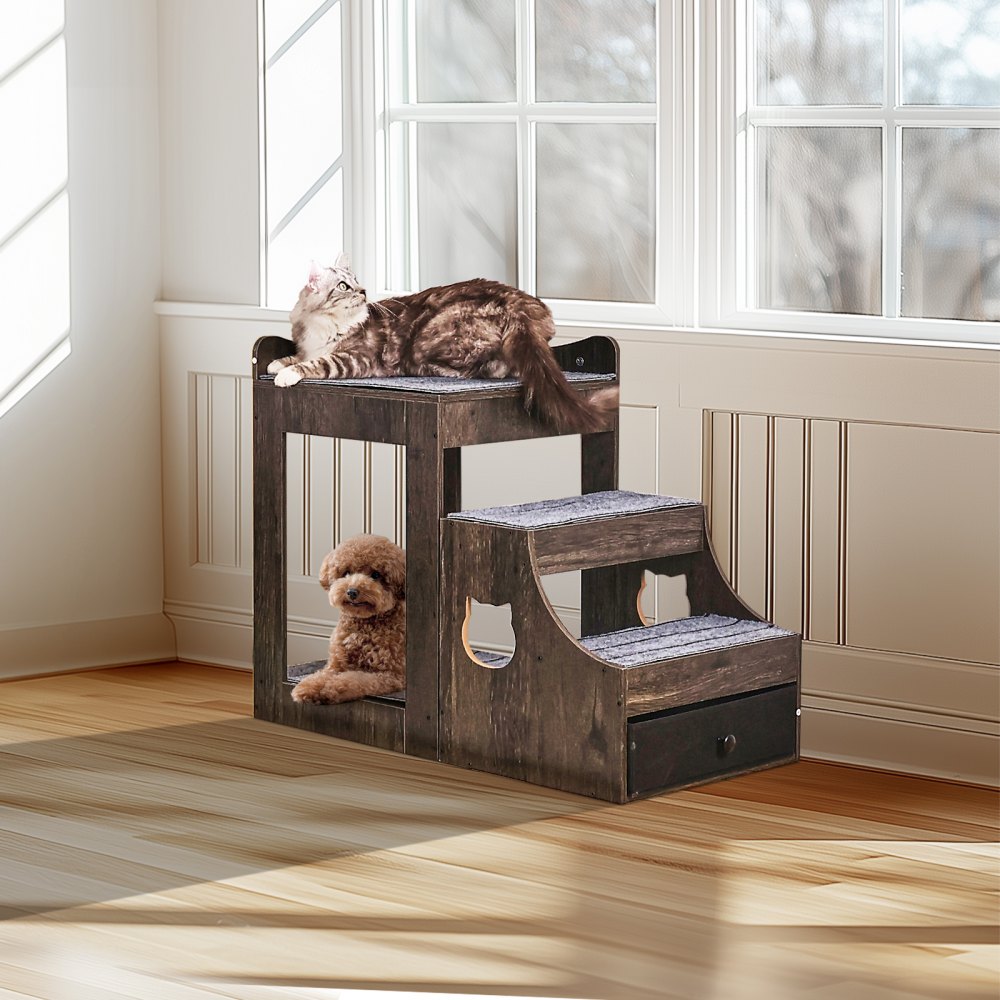 VEVOR Pet Bunk Bed with Removable Stairs, Dog/Cat Window Perch with Storage, Multi-Level Bed Window Perch Dog Bedside Sleeper Couch, Small Pet Seat Platform, Indoor Use (Gray)