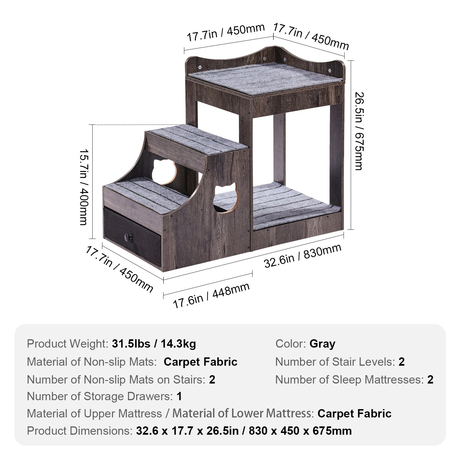 VEVOR Pet Bunk Bed with Removable Stairs, Dog/Cat Window Perch with Storage, Multi-Level Bed Window Perch Dog Bedside Sleeper Couch, Small Pet Seat Platform, Indoor Use (Gray)