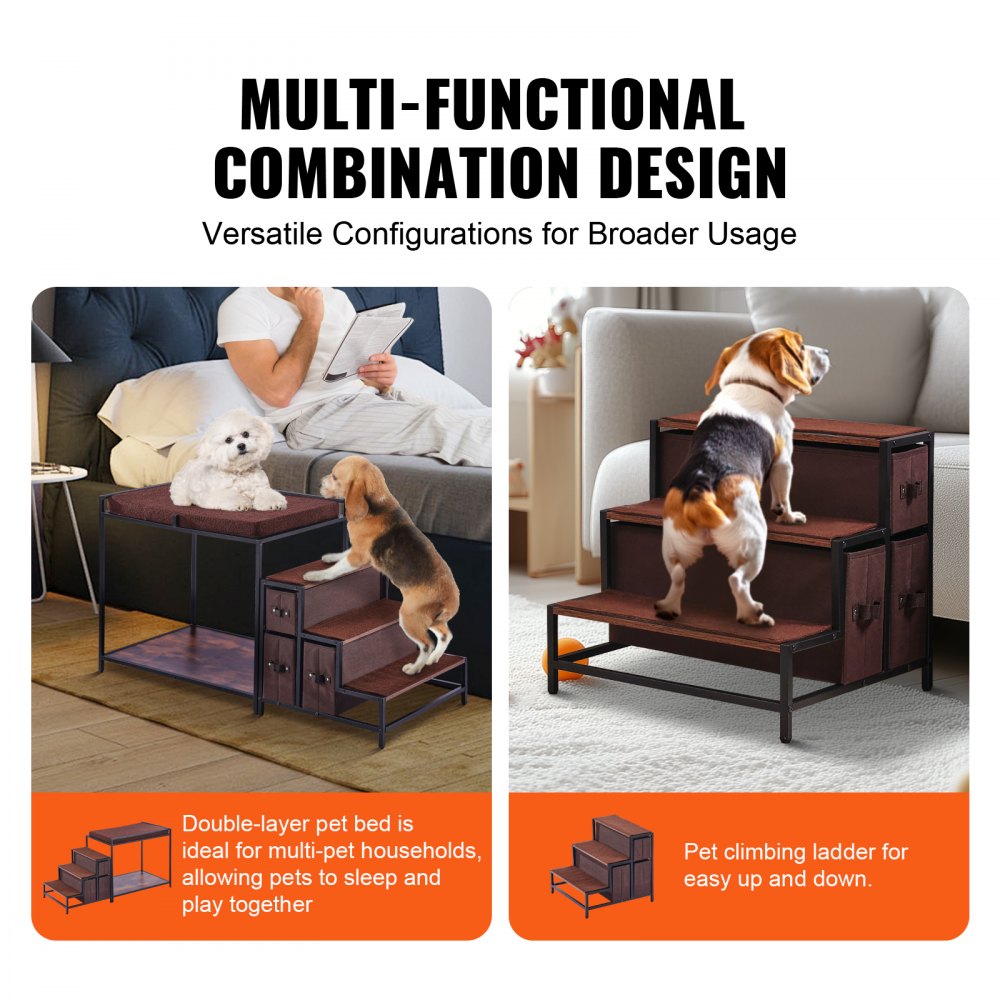 VEVOR Pet Bunk Bed with Stairs, Dog/Cat Window Perch with Storage, Multi-Level Bed Window Perch Dog Bedside Sleeper Couch, Pet Seat Platform for Medium Size Pet, Indoor Use (Dark Brown)