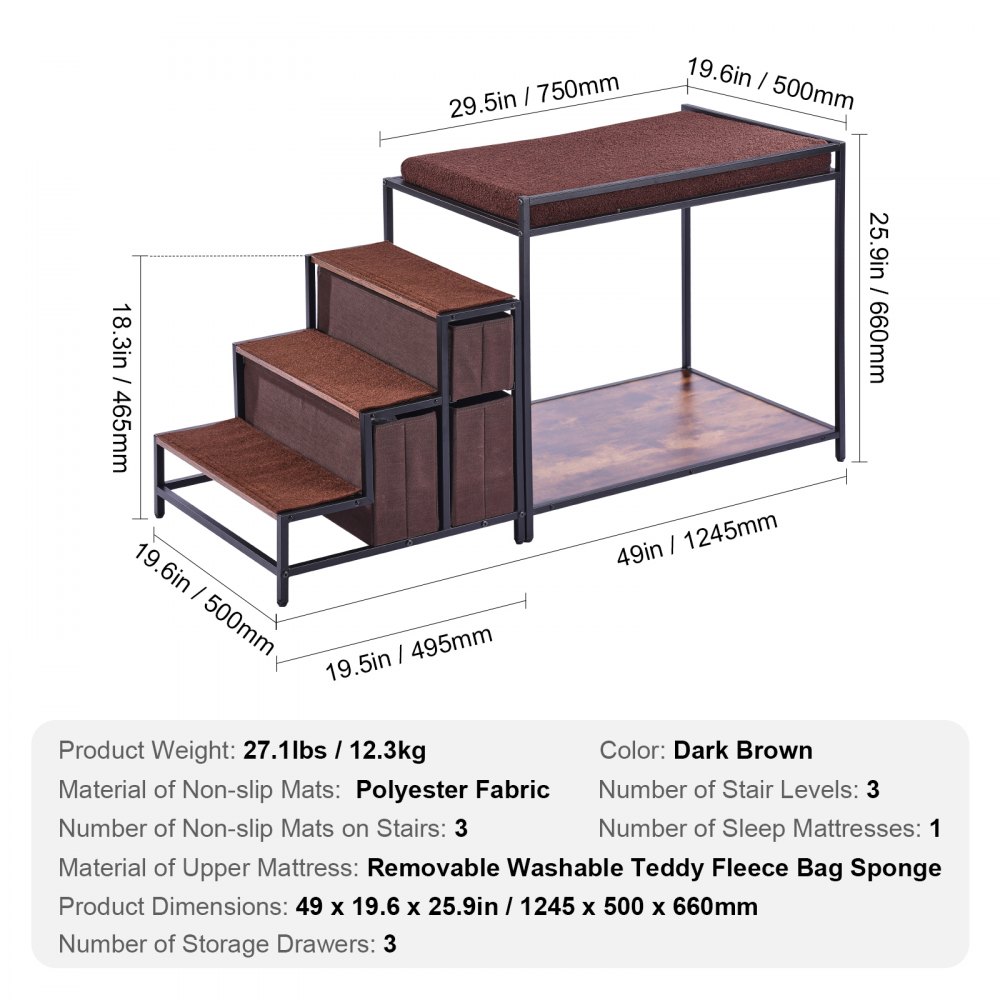 VEVOR Pet Bunk Bed with Stairs, Dog/Cat Window Perch with Storage, Multi-Level Bed Window Perch Dog Bedside Sleeper Couch, Pet Seat Platform for Medium Size Pet, Indoor Use (Dark Brown)
