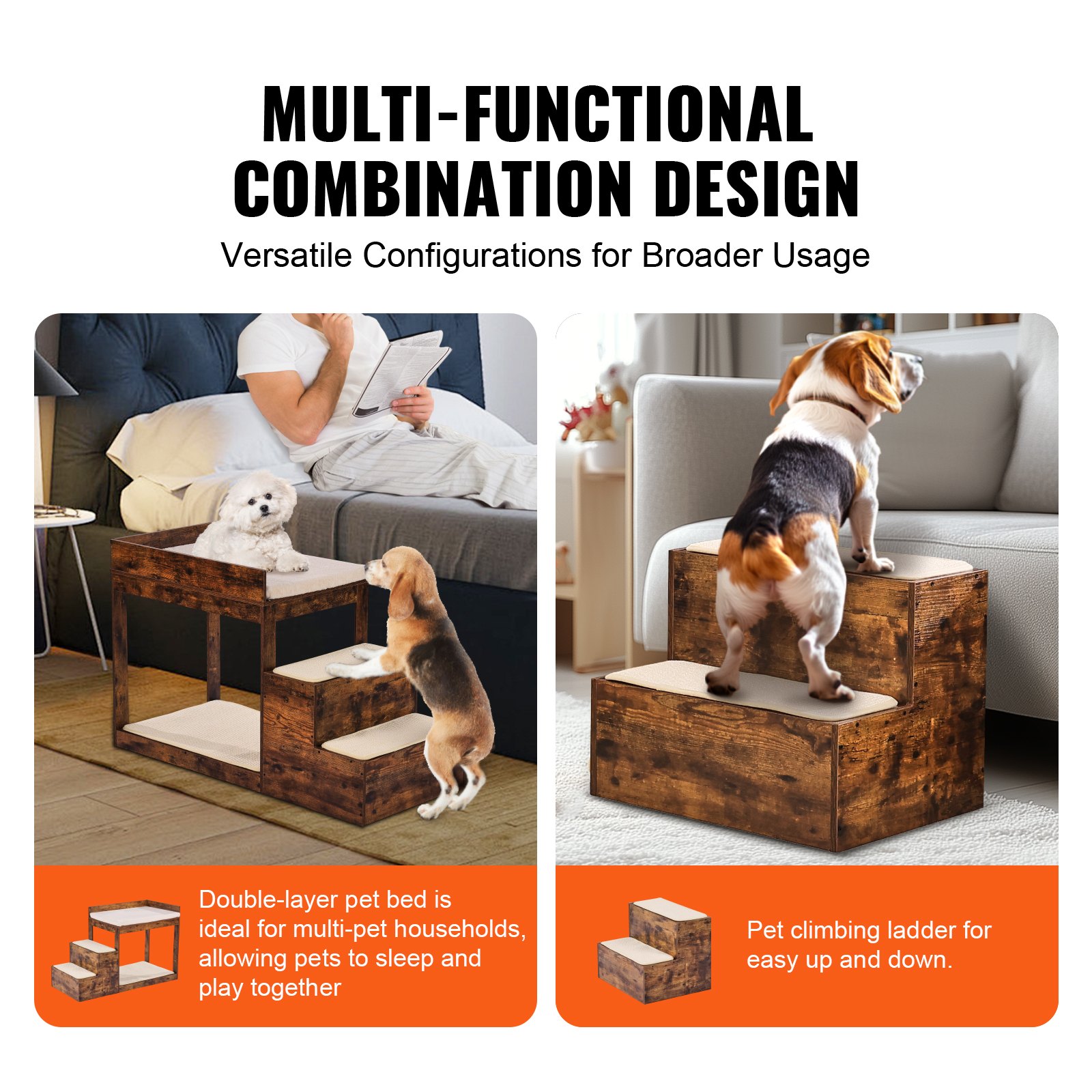 VEVOR Pet Bunk Bed with Stairs, Dog/Cat Window Perch for High Beds and Couches, Medium Multi-Level 3 Step Dog Seat Platform Sleeper Couch, Practical for Modern Homes (Rustic Brown)