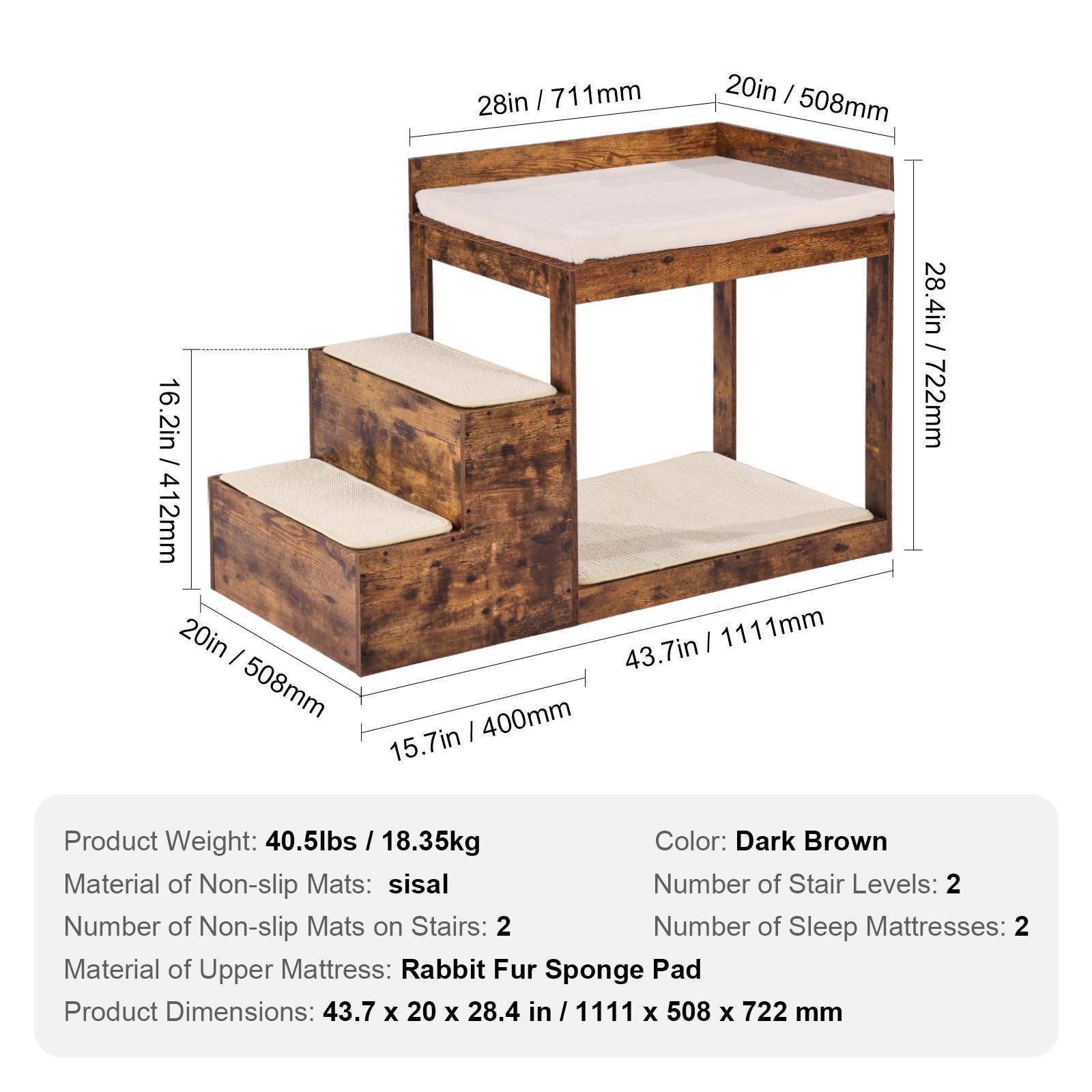 VEVOR Pet Bunk Bed with Stairs, Dog/Cat Window Perch for High Beds and Couches, Medium Multi-Level 3 Step Dog Seat Platform Sleeper Couch, Practical for Modern Homes (Rustic Brown)