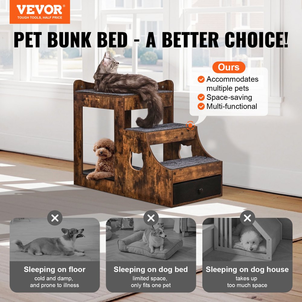 VEVOR Pet Bunk Bed with Removable Stairs, Dog/Cat Window Perch with Storage, Multi-Level Bed Window Perch Dog Bedside Sleeper Couch, Small Pet Seat Platform, Indoor Use (Rustic Brown)