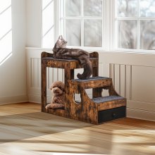 VEVOR Pet Bunk Bed with Stairs Dog/Cat Window Perch with Storage Indoor Brown