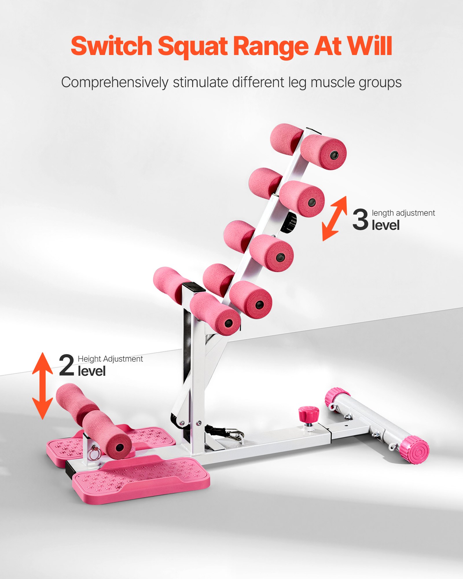 VEVOR Deep Squat Machine, Adjustable Glutes Trainer Machine with 3 High-Strength Resistance Bands, Folding Core Leg & Glutes Exercise Trainer, Push Up Workout Equipment at Home Gym, Pink + White