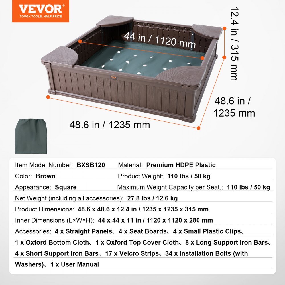 VEVOR Sandbox with Cover, 48.6x48.6x12.4 in Square Sand Box, HDPE Sand Pit with 4 Corner Seating and Bottom Liner, Kids Sandbox for Outdoor Backyard, Beach, Park, Gift for Boys Girls Ages 3-12, Brown