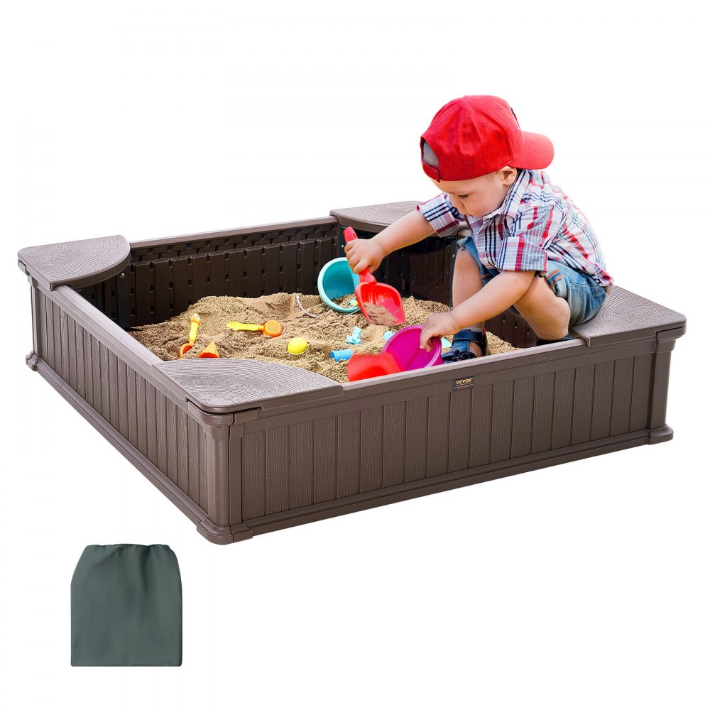 VEVOR Sandbox with Cover, 48.6x48.6x12.4 in Square Sand Box, HDPE Sand Pit with 4 Corner Seating and Bottom Liner, Kids Sandbox for Outdoor Backyard, Beach, Park, Gift for Boys Girls Ages 3-12, Brown