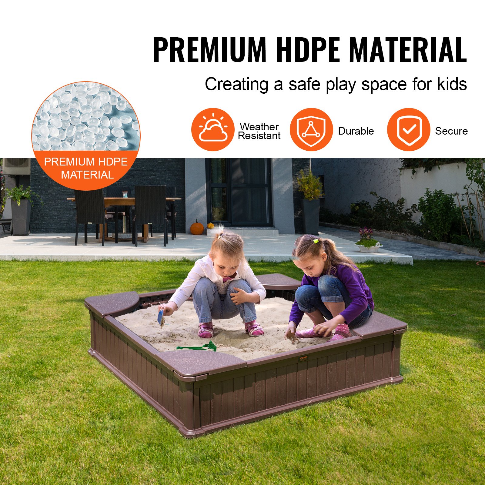 VEVOR Sandbox with Cover, 48.6x48.6x12.4 in Square Sand Box, HDPE Sand Pit with 4 Corner Seating and Bottom Liner, Kids Sandbox for Outdoor Backyard, Beach, Park, Gift for Boys Girls Ages 3-12, Brown