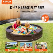 VEVOR Sandbox with Cover, 47.2 x 9.1 in Round Sand Box, HDPE Sand Pit with 3 Corner Seating and Bottom Liner, Kids Sandbox for Outdoor Backyard, Beach, Park, Gift for Boys Girls Ages 3-12, Brown