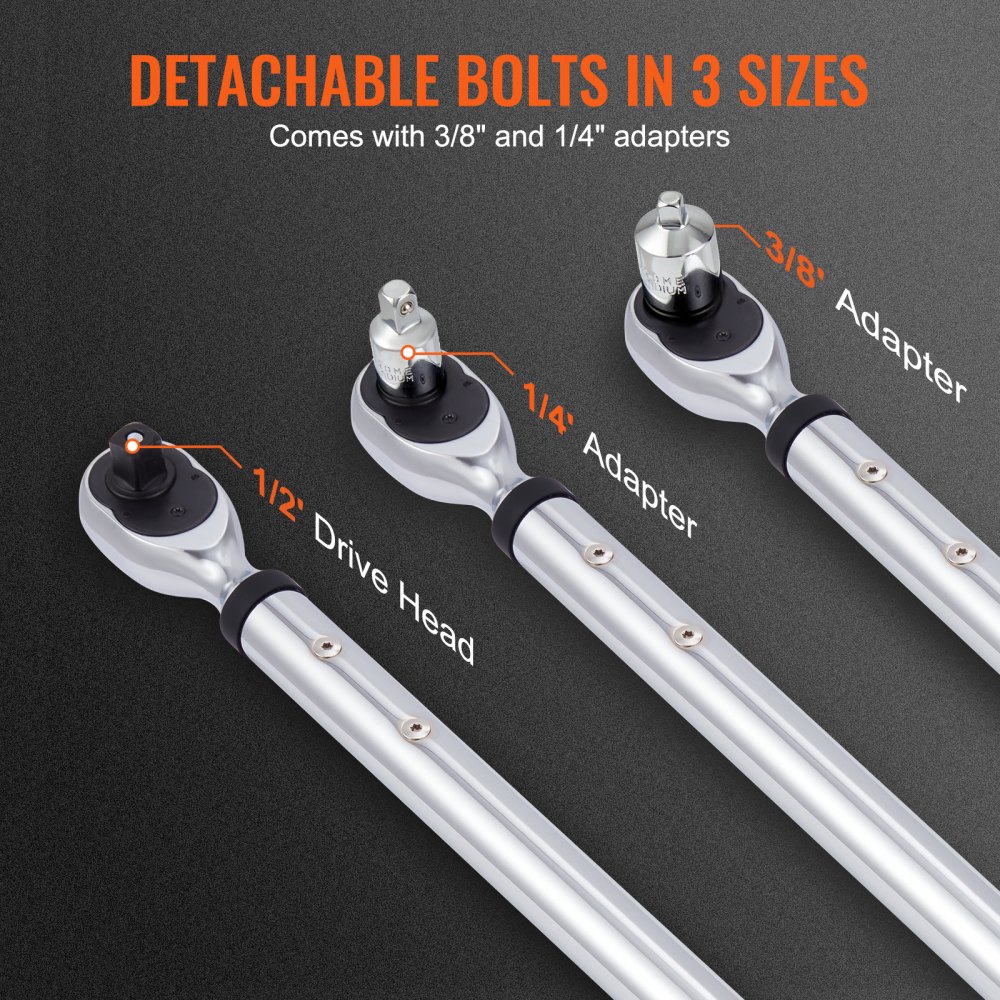 VEVOR digital torque wrench with 1/2&quot; drive head, 3/8&quot; and 1/4&quot; adapters, and detachable bolts.