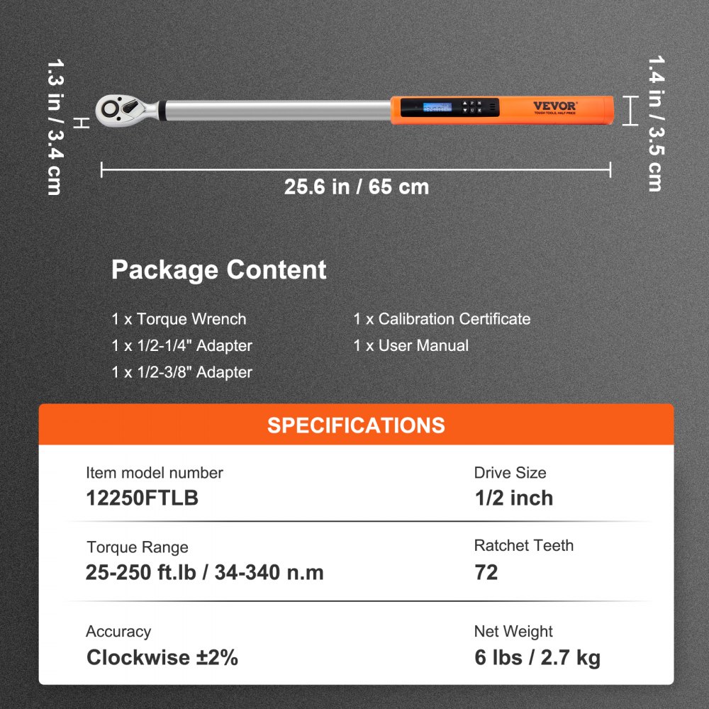 VEVOR digital torque wrench detailed with package contents and specifications, including torque range and accuracy.