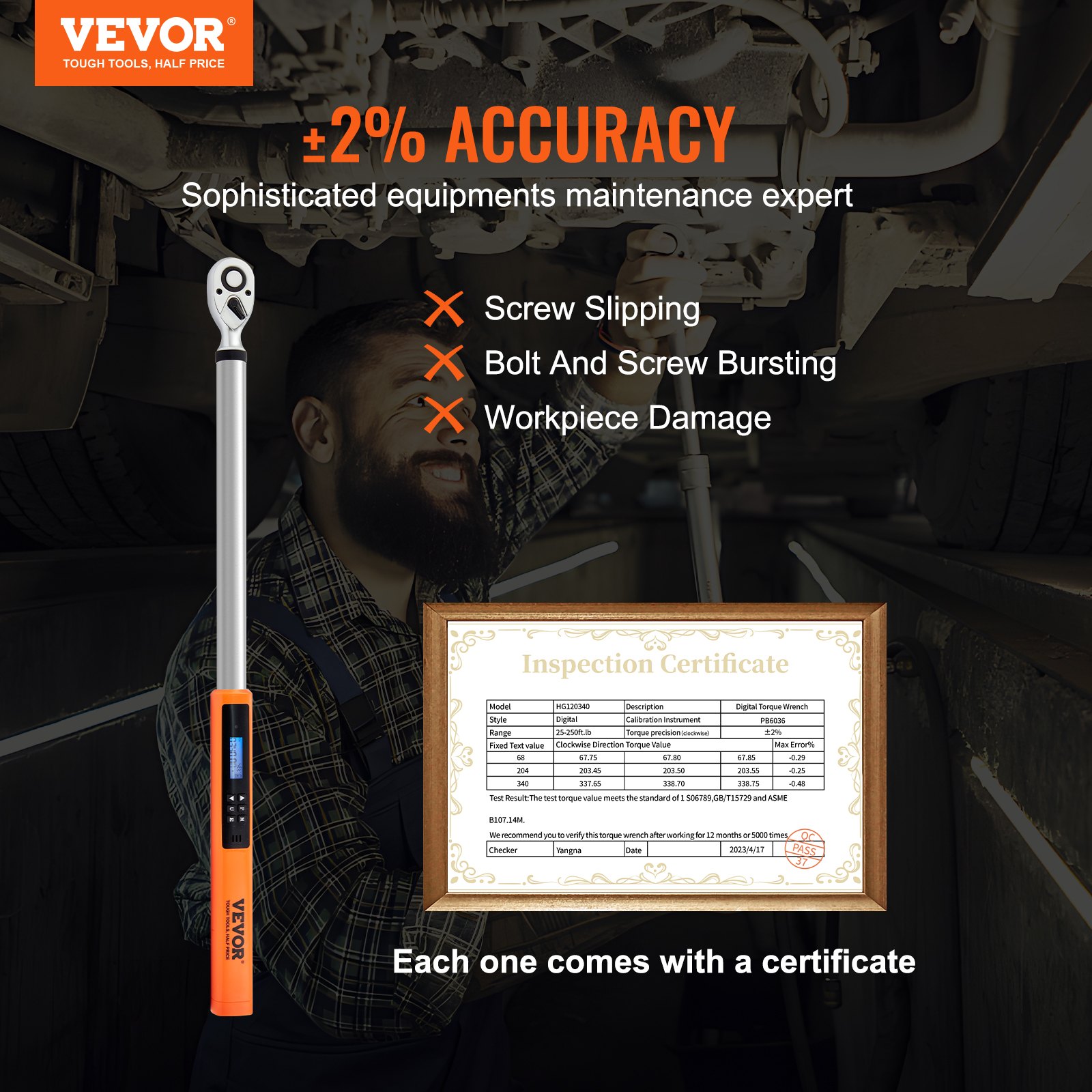 VEVOR digital torque wrench for accurate, slip-free maintenance with inspection certificate included.