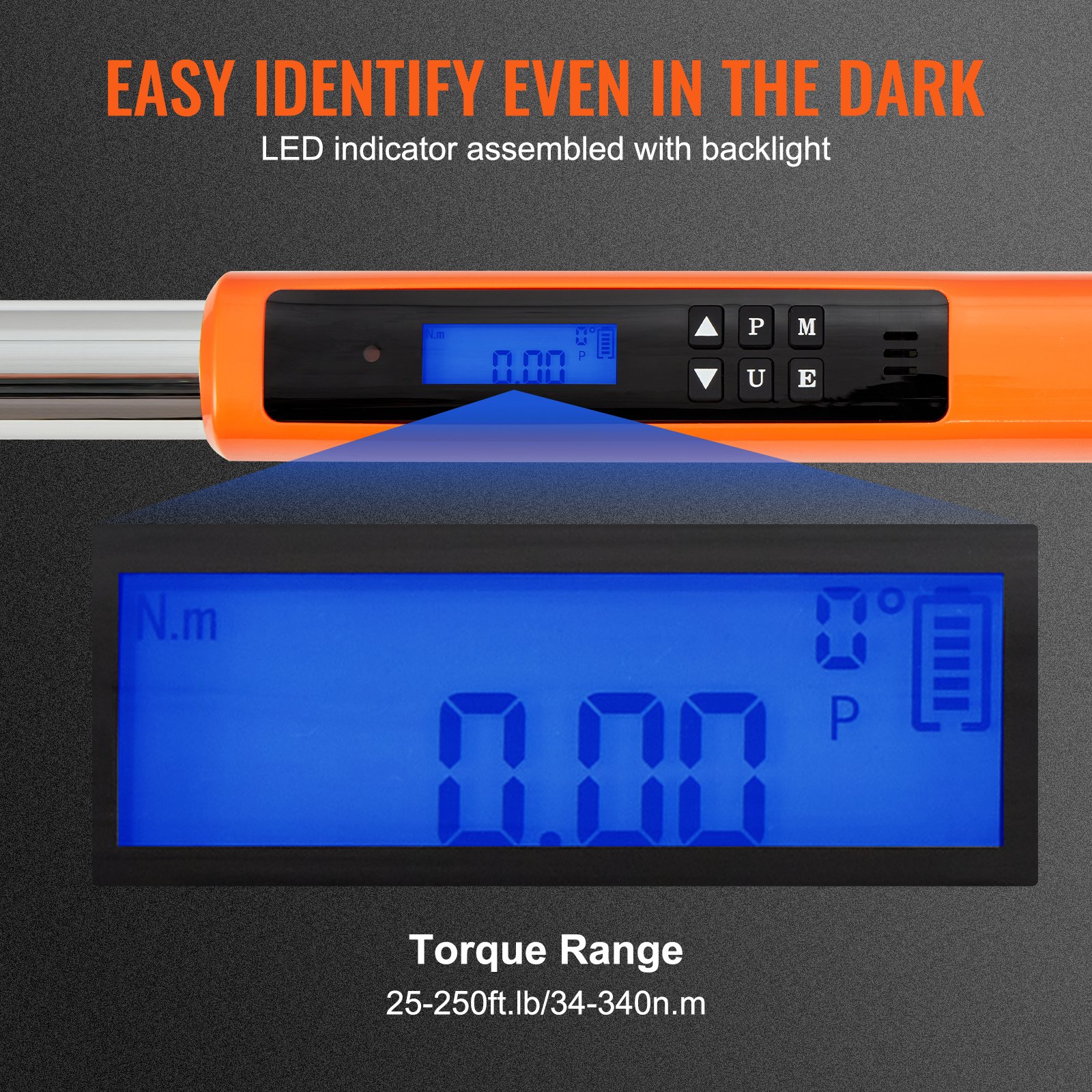 VEVOR digital torque wrench with led backlit display, torque range 25-250 ft.lb/34-340 n.m.